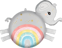 This Roly Polies balloon is in the shape of an elephant with the very center of the balloon being close to the size of a standard balloon and it has extra details around the edge.
