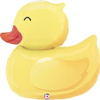 Yellow duck shaped foil balloon with orange beak and smiling face, glossy finish, ideal for baby showers and children's party decor