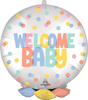 Round foil balloon with Welcome Baby text in pastel colors and multicolor confetti dots for baby shower decoration