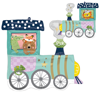 train shaped foil balloon with jungle animal characters including bear, fox, alligator and lion in soft pastel colors for kids party decor