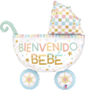 baby carriage shaped foil balloon with Bienvenido Beb� text glitter style gold lettering pastel patchwork canopy colorful star accents and nursery inspired design for baby shower decor