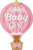 Pink hot air balloon shaped sweet baby girl foil balloon with pastel stripes teddy bear basket and heart accents