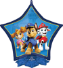 Star shaped foil balloon with Paw Patrol characters Chase Skye and Marshall on blue background for kids birthday party decoration