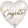 Heart shaped congrats foil balloon with white marble swirl design and gold cursive lettering