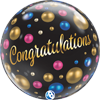 This black Bubble balloon has multi- colored dots and Congratulations written in a bold Gold font
