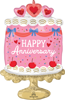 cake shaped foil balloon with happy anniversary text pink frosting cherries heart toppers confetti and decorative design for romantic celebration decor