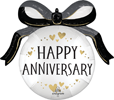 round white foil balloon with happy anniversary text black lettering gold hearts and large black bow design for elegant celebration decor