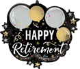 Black scalloped Happy Retirement balloon with gold and silver circles stars confetti accents and bold white retirement lettering