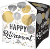 Cube shaped Happy Retirement balloon with gold silver and black dots and bold retirement message on white and black sides