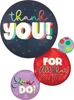 Group of four balloons including dark blue thank YOU balloon red FOR All That balloon purple You DO balloon and colorful polka dot balloon
