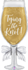 Champagne glass with golden liquid, white Tying the Knot text, foam on top, and two white bows on the stem