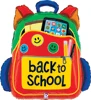 backpack shaped foil balloon with back to school text smiley face buttons tablet graphic pencils and colorful school supply design for classroom decor and school celebrations