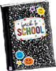 Balloon shaped like a composition notebook with colorful back to school text, stars, circles, and smiley faces on black and white background