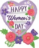 This balloon has a heart shape with a banner saying Happy Women's Day. This balloon also has flowers around it.