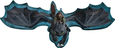 This balloon is the shape of the character Toothless with Hiccup riding on his back, all from the movie How to Train your Dragon