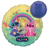 Round foil balloon with Stitch and Angel characters, rainbow background, stars, and colorful Aloha text