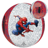 Orbz shaped foil balloon with Spiderman in his action pose with superhero web patterned background and second side with black spider emblem