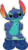 Stitch shaped foil balloon with blue alien character oversized ears turquoise body details and playful pose party decoration for themed celebrations