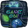 Black square balloon featuring a variety of gaming controllers and video game inspired font reading Game On!
