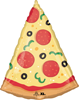 This balloon is in the shape of a slice of pizza topped with pepperoni, black olives, and bell peppers.