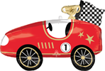Red race car balloon with black and white checkered flag for racing themed party decoration