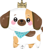 Dog shaped balloon with gold crown blue bandana pink cheeks and smiling face with anagram text at the bottom.