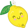 lemon shaped balloon with smiling face green leaf white flower pink cheeks and anagram logo in bottom corner.