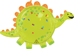 This Roly Polies balloon is in the shape of a green dinosaur with the very center of the balloon being close to the size of a standard balloon and it has extra details around the edge.
