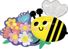 This balloon is shaped like a smiling, cartoon bumble bee holding a bouquet of colorful flowers.