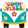 Balloon shaped like a retro teal van with bold colorful GOOD VIBES text purple flower peace signs and black wheels