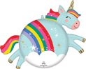 This Roly Polies balloon is in the shape of an unicorn with the very center of the balloon being close to the size of a standard balloon and it has extra details around the edge.