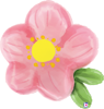 Pink flower balloon with five petals yellow center with dotted accents and two green leaves attached to bottom right