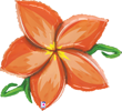 Stylized orange flower with five gradient petals, yellow highlights at base, and green leaves extending behind