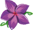 Stylized purple flower with five gradient petals, pink highlights at base, and green leaves extending behind