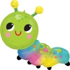 Caterpillar shaped balloon with green head, yellow antennae, black eyes, rosy cheeks, blue pink and yellow body segments with colorful dots