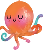 Foil balloon shaped like an octopus with orange and pink body and multicolor curled tentacles for ocean themed party decoration