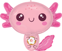 Pink axolotl shaped foil balloon with smiling face frilly gills rosy cheeks and small birthday cake medal