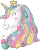 Unicorn shaped balloon with white face gold horn and crown flowing pastel rainbow mane floral accents and metallic details
