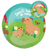 Round balloon with capybara illustrations relaxing in grassy scene with flowers butterflies rainbow and Dont Worry Be Capy text