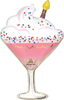 martini glass shaped foil balloon with pink drink whipped topping candle and colorful confetti sprinkles for birthday party decor