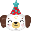 Puppy face foil balloon with brown floppy ears rosy cheeks and red polka dot party hat birthday party decoration