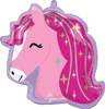 pink horse head foil balloon with bright pink mane sparkling star accents and pastel details helium party decoration for horse themed celebrations