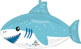 blue shark shaped foil balloon with white belly sharp teeth fin details and playful shark face ocean themed party decoration