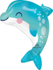 turquoise dolphin shaped foil balloon with white belly bubble accents and playful face ocean themed party decoration