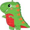 green dinosaur shaped foil balloon with orange stripes red belly rosy cheeks and playful smile for dinosaur themed party decoration