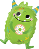 green monster shaped foil balloon with striped horns sprinkled donut colorful confetti accents and playful cartoon design for party decoration