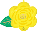 yellow flower shaped foil balloon with layered petals and green leaf accent floral party decoration for spring celebrations