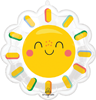 smiling yellow sun shaped foil balloon with colorful ray accents and cheerful face design for summer party decoration