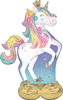 white unicorn shaped foil balloon with rainbow mane and tail gold horn floral accents and whimsical party decoration for unicorn themed celebrations