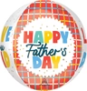 Round foil balloon with red and blue plaid background, bold multicolor Happy Fathers Day text, Love You Dad message around edges